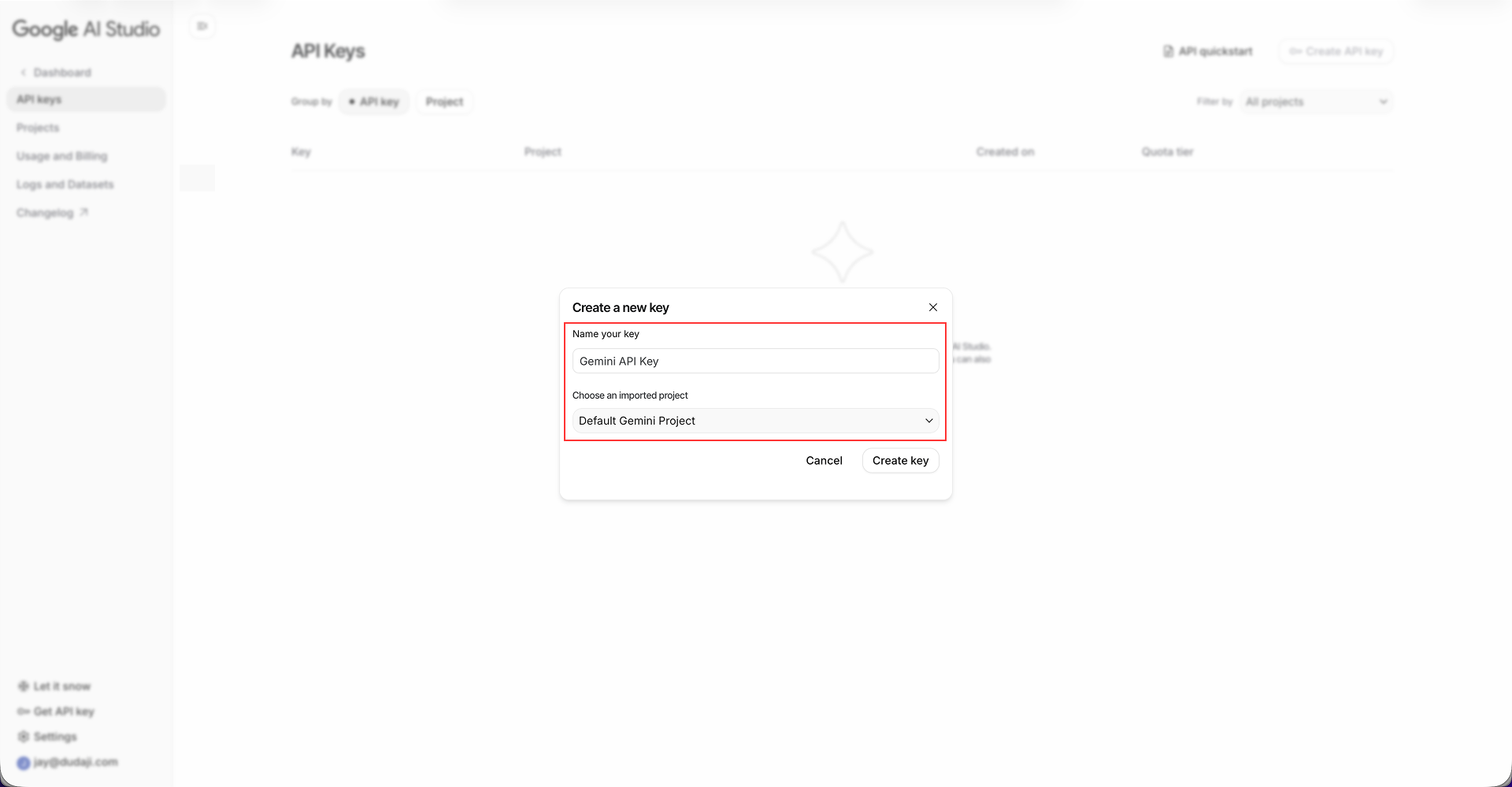 Create API Key Popup